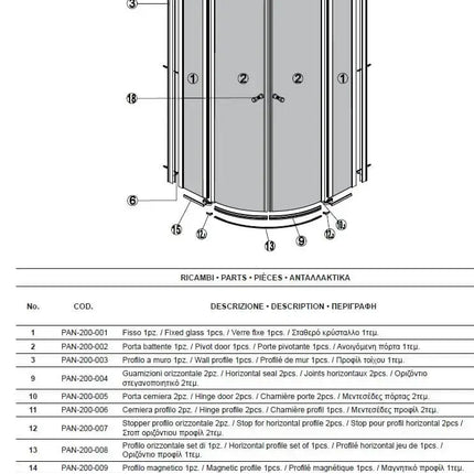 Schema ricambi del box doccia semicircolare 6mm H190 con tabella descrizione dei pezzi di sostituzione