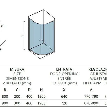 Schema tecnico del box doccia semicircolare H190 con tabella misure, entrata, regolazione e raggio curvatura
