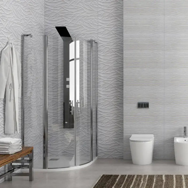 Box doccia semicircolare 6mm anticalcare H190 con apertura interna esterna in bagno con parete a rilievo bianca