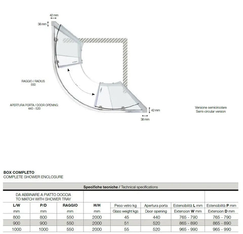 Box doccia semicircolare profili cromati 6mm, cristallo trasparente anticalcare H200cm, doppia anta scorrevole, elegante