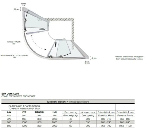 Semicircolare doppia anta scorrevole 6mm cristallo trasparente anticalcare H200, profili cromati, vista d'insieme, montaggio
