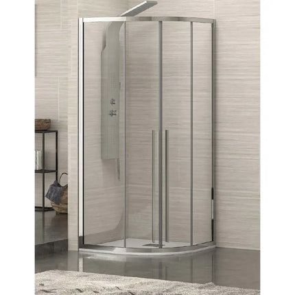 Box doccia semicircolare 8mm anticalcare H200cm con ante scorrevoli curve in bagno con parete beige rigata