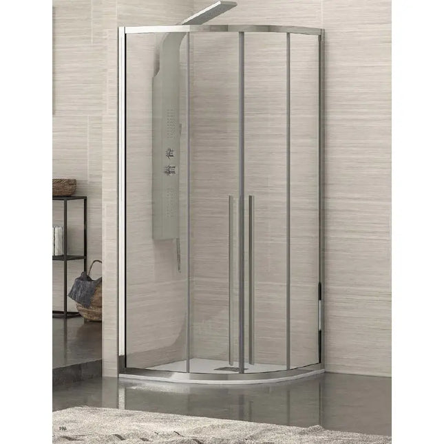 Box doccia semicircolare 8mm anticalcare H200cm con ante scorrevoli curve in bagno con parete beige rigata