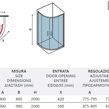 Schema tecnico del box doccia semicircolare scorrevole H200cm con tabella misure, regolazione e raggio