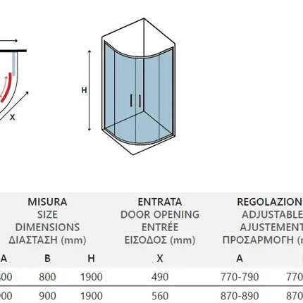 Schema tecnico del box doccia semicircolare acciaio inox H190 con tabella misure, regolazione e raggio