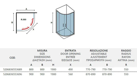 Schema tecnico del box doccia semicircolare acciaio inox H190 con tabella misure, regolazione e raggio