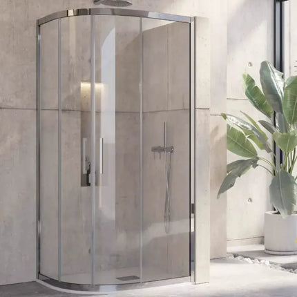 Vista tre quarti del box doccia semicircolare acciaio inox 8mm trasparente H190 con maniglie verticali