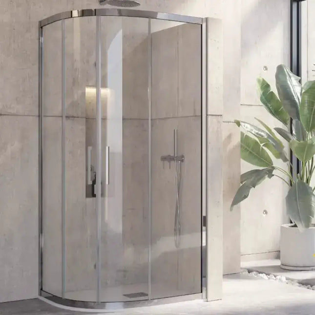 Box doccia semicircolare in acciaio inox cristallo trasparente 8mm H190 con ante scorrevoli e parete in cemento