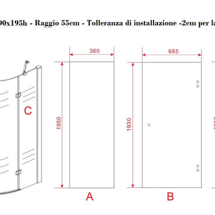 Scheda tecnica box doccia semicircolare anta battente 90x90x195h raggio 55, misure ante A B C quotate