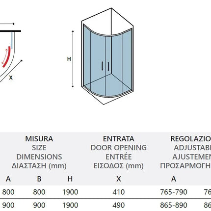 Schema tecnico del box doccia semicircolare profili neri H190 con tabella misure, regolazione e raggio