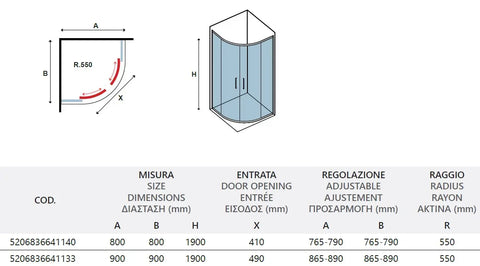 Schema tecnico del box doccia semicircolare profili neri H190 con tabella misure, regolazione e raggio