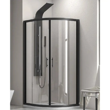 Box doccia semicircolare cristallo trasparente 6mm profili neri H190 con colonna doccia nera in bagno beige