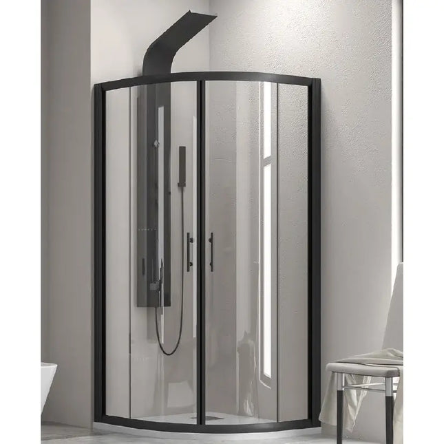 Box doccia semicircolare cristallo trasparente 6mm profili neri H190 con colonna doccia nera in bagno beige