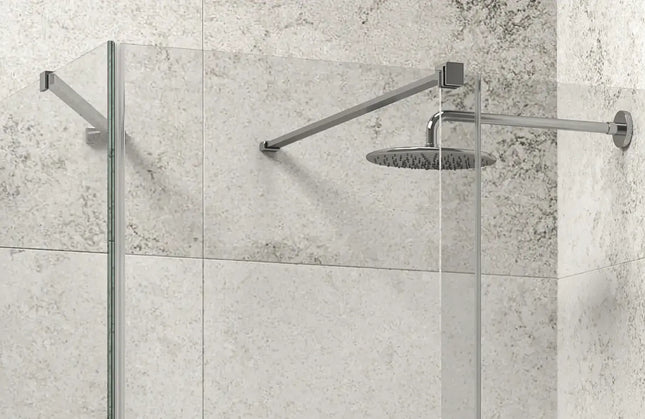 Dettaglio della barra di supporto a soffitto del box doccia senza profili 8mm H200cm con soffione a parete