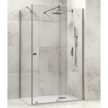 Box doccia scorrevole senza profili 8mm anticalcare H200cm con lato fisso, barra di supporto e parete in cemento