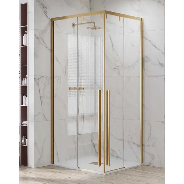 Box doccia angolare scorrevole soft-close 8mm profili oro spazzolato H200cm con parete in marmo calacatta