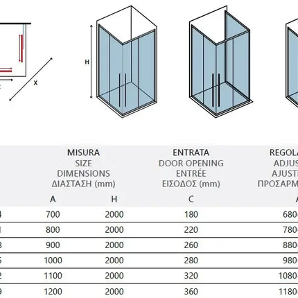 Schema tecnico del box doccia scorrevole soft-close profili oro H200cm con tabella misure e regolazione
