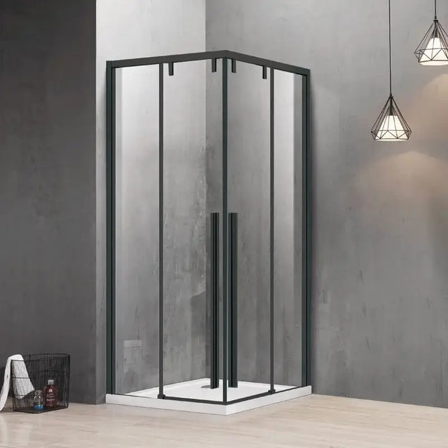 Box doccia angolare scorrevole soft-close 8mm anticalcare profili neri H200cm in bagno con parete grigia