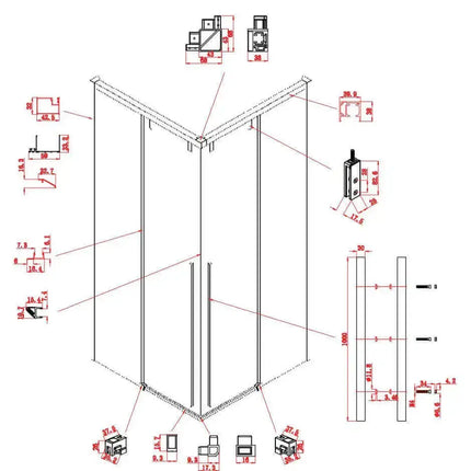 Schema esploso dei componenti e del binario soft-close del box doccia angolare scorrevole 8mm H200cm
