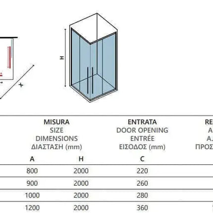 Schema tecnico del box doccia angolare scorrevole soft-close H200cm con tabella misure, entrata e regolazione