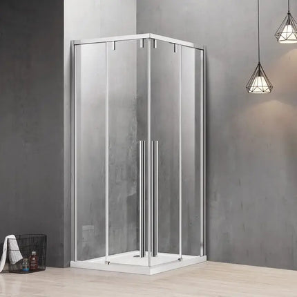Box doccia angolare doppia scorrevole soft-close 8mm anticalcare H200cm in bagno moderno con parete grigia
