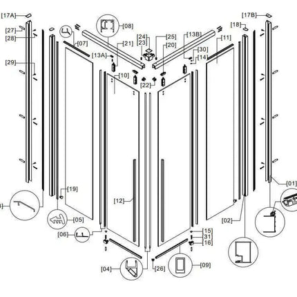 Disegno tecnico assonometrico quotato del box doccia angolare doppia scorrevole 8mm H200cm con ingombri