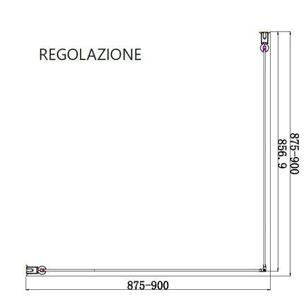 Disegno quotato del lato fisso del box doccia doppia battente profili neri H200cm con regolazione 875-900
