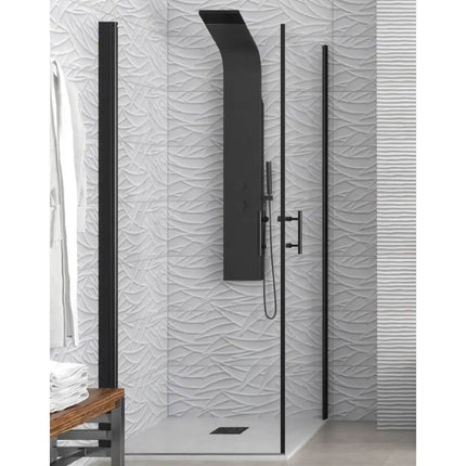 Box doccia angolare doppia battente trasparente profili neri H200cm con colonna doccia nera e parete a rilievo