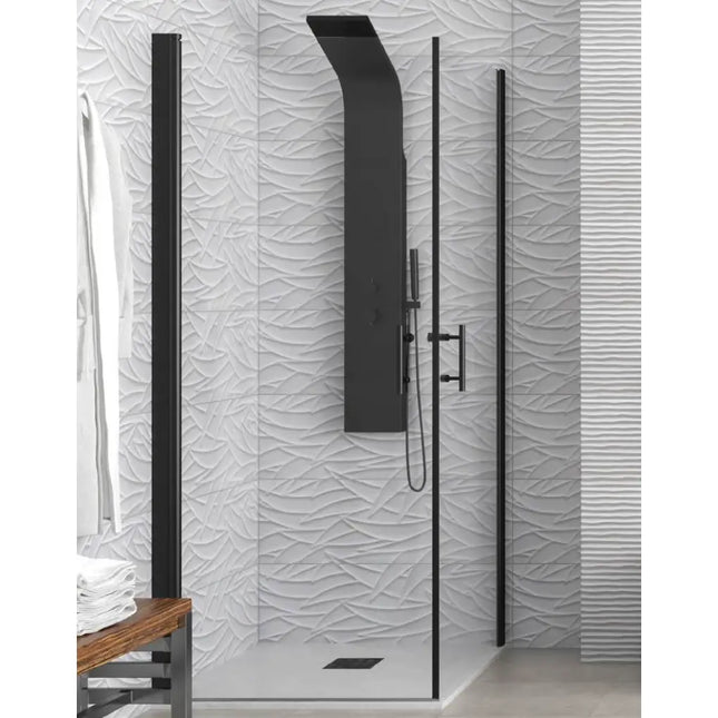 Box doccia angolare doppia battente trasparente profili neri H200cm con colonna doccia nera e parete a rilievo