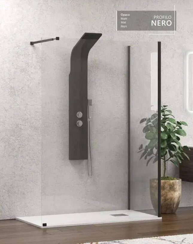 Box doccia walk-in H200cm in cristallo 8mm anticalcare con campione della finitura profilo nero e lato fisso