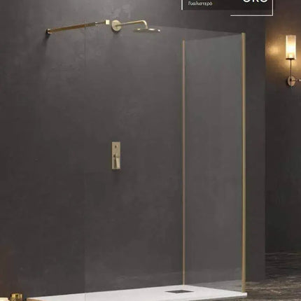 Box doccia walk-in H200cm 8mm con campione della finitura profilo oro e vista angolare del lato fisso