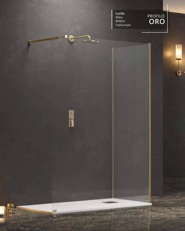Box doccia walk-in H200cm 8mm con campione della finitura profilo oro e vista angolare del lato fisso