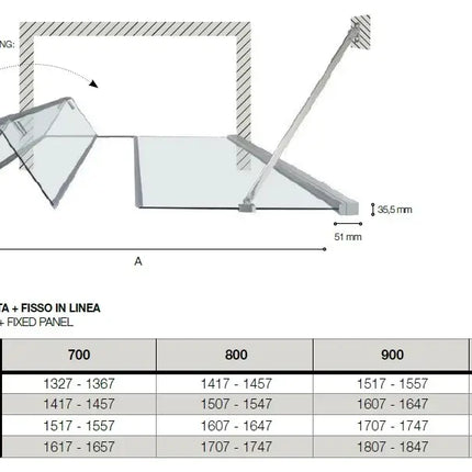 Schema tecnico chiusura nicchia fisso e porta a libro 6mm: pianta dimensionale con tabella misure da 70x70 a 100x100cm