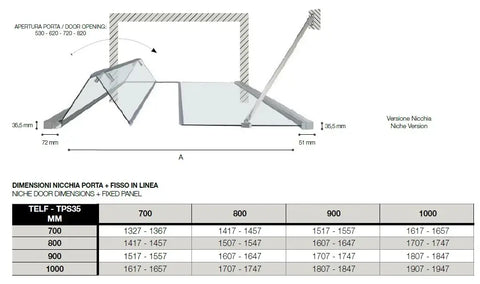 Schema tecnico chiusura nicchia fisso e porta a libro 6mm: pianta dimensionale con tabella misure da 70x70 a 100x100cm