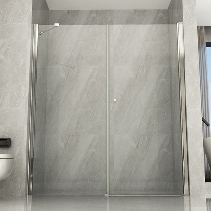 Chiusura doccia fisso e battente H195 8mm chiusa, vista frontale in bagno moderno con finestra e vasca free-standing, profili cromati