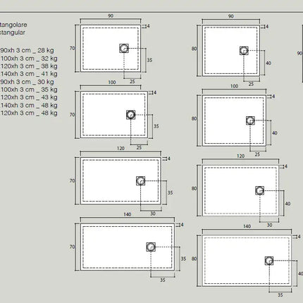 Schema tecnico versioni piatto doccia Ceramic.30 in ceramica: misure quadrate e rettangolari con peso e posizione della piletta