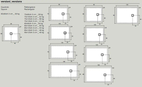 Schema tecnico versioni piatto doccia Ceramic.30 in ceramica: misure quadrate e rettangolari con peso e posizione della piletta
