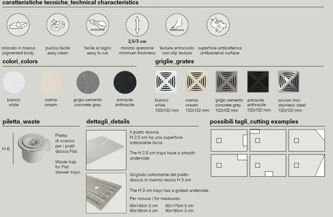 Scheda tecnica piatto doccia Flat: colori, griglie, piletta, spessore 2,5-3 cm ed esempi di taglio su misura del marmo resina