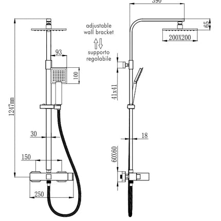 Schema tecnico dettagliato colonna doccia cromata con misure, altezza 1247mm