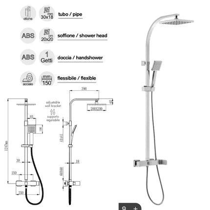 Scheda tecnica colonna doccia con materiali ottone e ABS, soffione 20x20cm