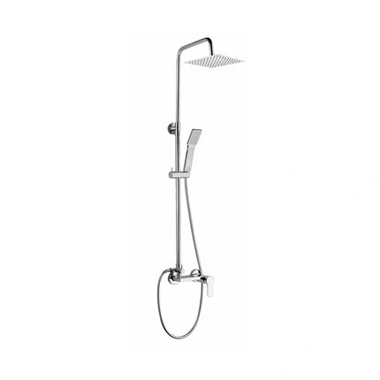 Colonna doccia Dakota in finitura cromo con soffione quadrato 20x20 cm, doccetta su asta saliscendi e miscelatore monocomando