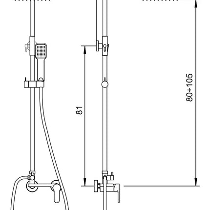 Disegno tecnico quotato della colonna doccia Dakota M3160: soffione 20x20 cm, braccio 37 cm, altezza regolabile 80-105 cm