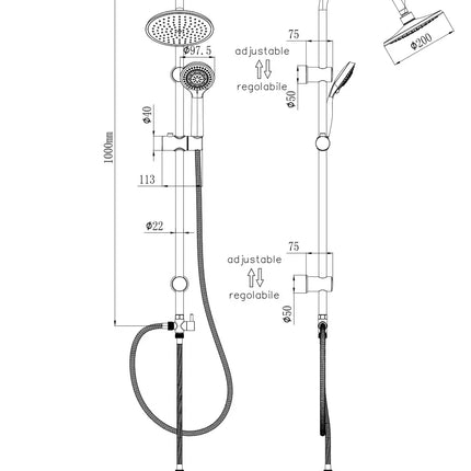 Disegno tecnico quotato della colonna doccia Laos M633INOX: altezza 1000 mm, braccio soffione 230 mm, tubo 22 mm