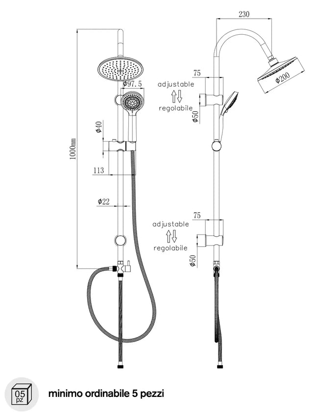 Disegno tecnico quotato della colonna doccia Laos M633INOX: altezza 1000 mm, braccio soffione 230 mm, tubo 22 mm