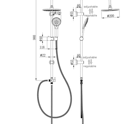 Disegno tecnico quotato della colonna doccia Cuba M633.1INOX: altezza 980 mm, braccio soffione 320 mm, doccetta 100 mm