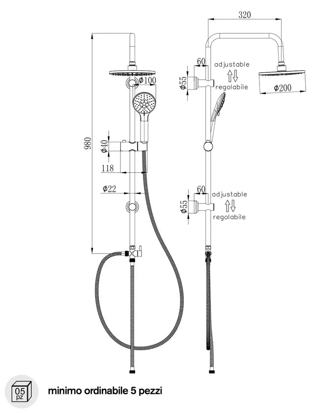 Disegno tecnico quotato della colonna doccia Cuba M633.1INOX: altezza 980 mm, braccio soffione 320 mm, doccetta 100 mm