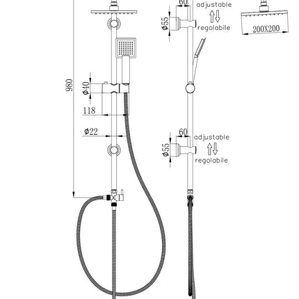 Disegno tecnico quotato della colonna doccia Vittoria M633.1-Q INOX: altezza 980 mm, braccio soffione 320 mm, soffione 200x200 mm