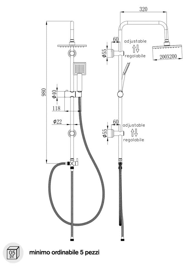 Disegno tecnico quotato della colonna doccia Vittoria M633.1-Q INOX: altezza 980 mm, braccio soffione 320 mm, soffione 200x200 mm