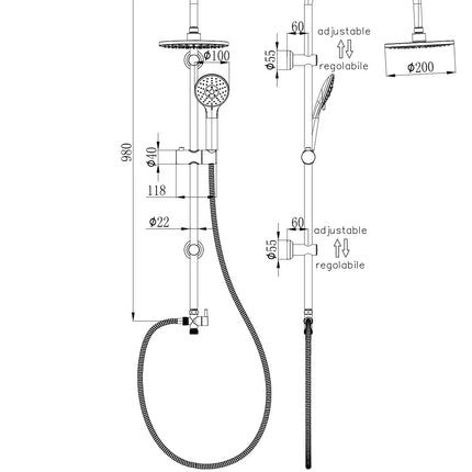 Disegno tecnico quotato della colonna doccia Lisbona M633.1-F INOX: altezza 980 mm, braccio soffione 320 mm