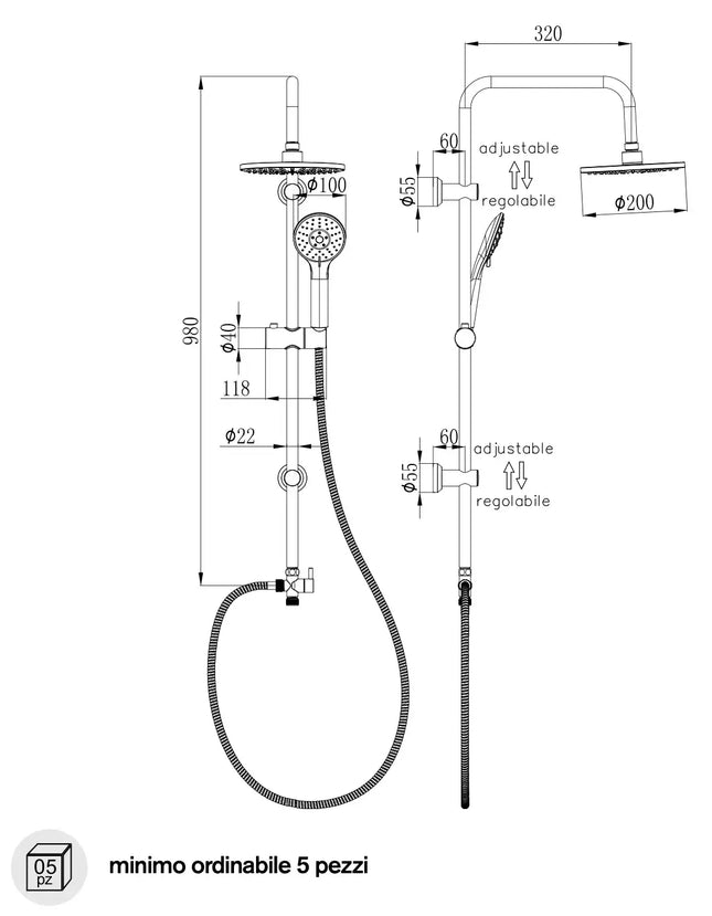 Disegno tecnico quotato della colonna doccia Lisbona M633.1-F INOX: altezza 980 mm, braccio soffione 320 mm